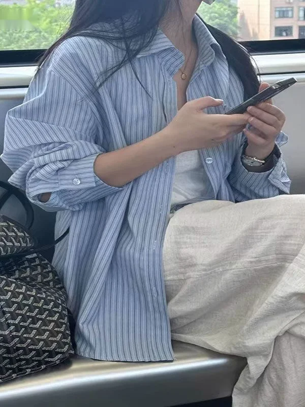 Loose Korean Style Striped Shirt Women's Long Sleeve Sun Protection Cardigan Blue Casual Loose Feeling Match All Outerwear