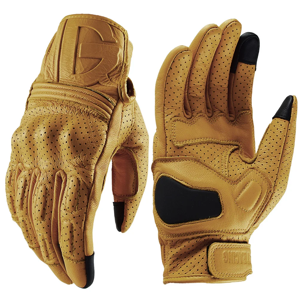 

Vintage Motorcycle Leather Gloves Yellow Full Finger Motorbike Gear Protective Touchscreen Motorcross Cycling Guantes