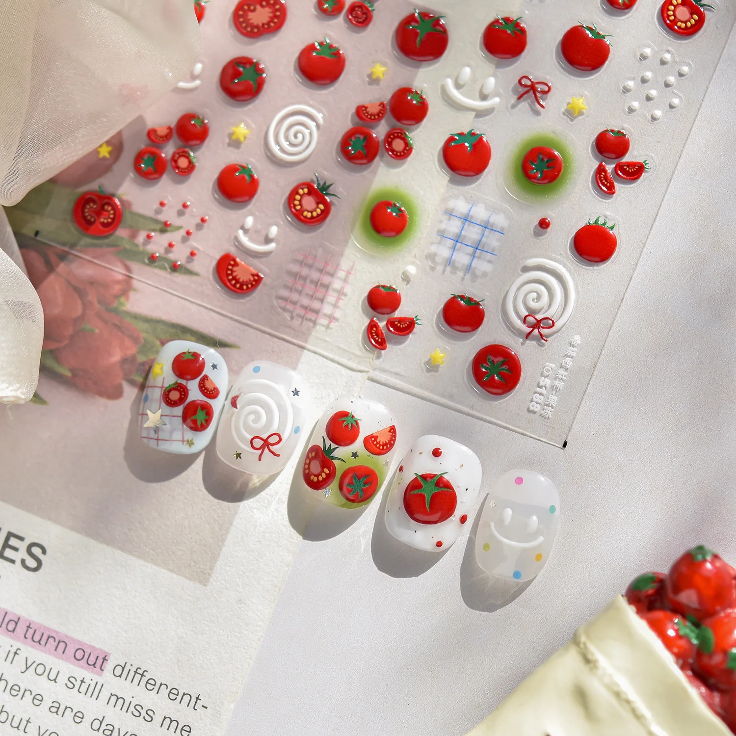 5d tomate arte do prego adesivo 1 folha bonito geléia vermelha tomate slider arco estrela tomates dos desenhos animados auto-adheisve manicure adesivo