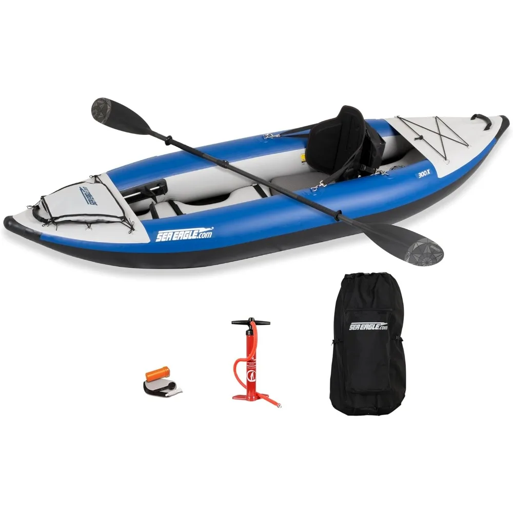 

300X Explorer Touring, Camping, Fishing Whitewater Inflatable Kayak, Solo, Self-Bailing, Drop Floor-Paddle, Seat, Pump
