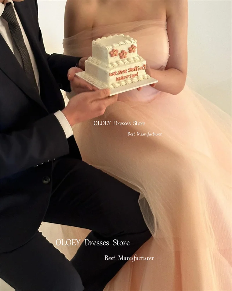 OLOEY Einfache erröten rosa Tüll Brautkleider schulterfrei Ärmel bodenlangen Brautkleider Korsett zurück Abendkleid Schleier