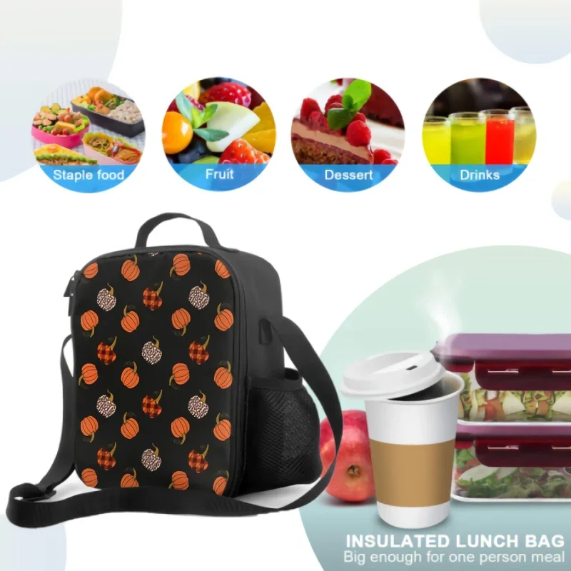 Leopard Orange And Buffalo Plaid Pumpkin Lunch Box Thanksgiving Insulated Lunch Bag with Water Bottle Holder Cooler Bag for Kids