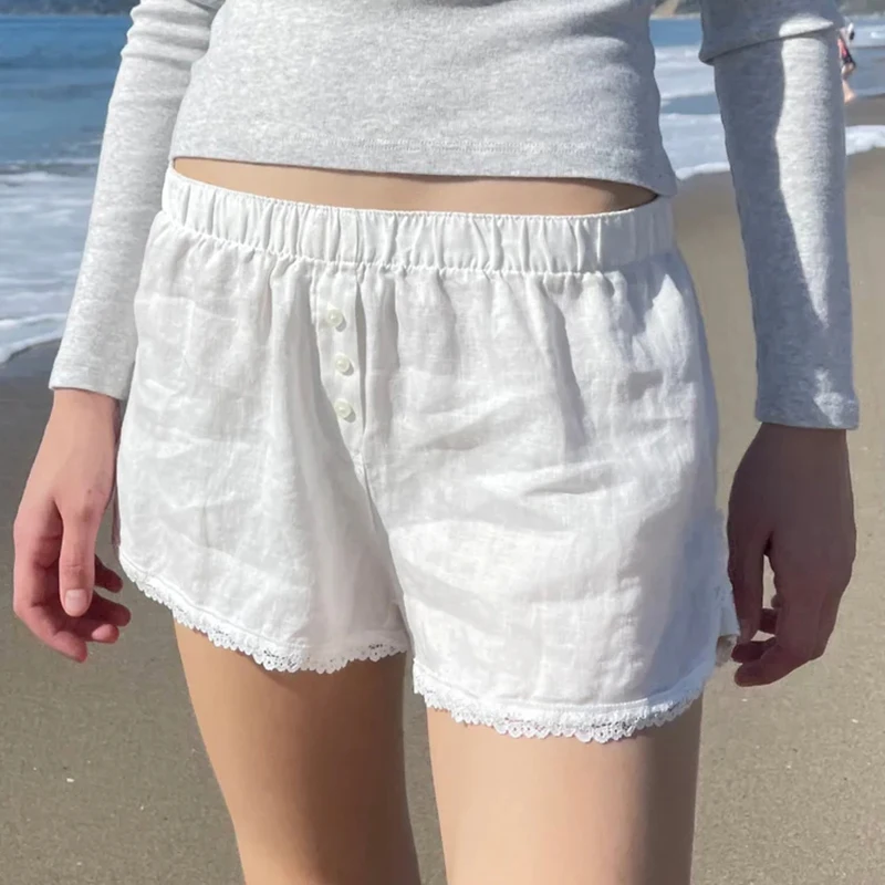 Darlingaga Casual White Basic Summer Shorts Women Lace Trim Buttons Homewear Sporty Chic Short Pants Elastic Waist Korean Hottie