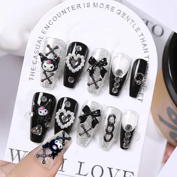 24 Stück 3D Kuromi Press on Nails Y2K Cartoon handgemachte künstliche Nägel schwarze Gelnägel tragbare Nägel Cinnamoroll Melody Anime Falscher Nagel