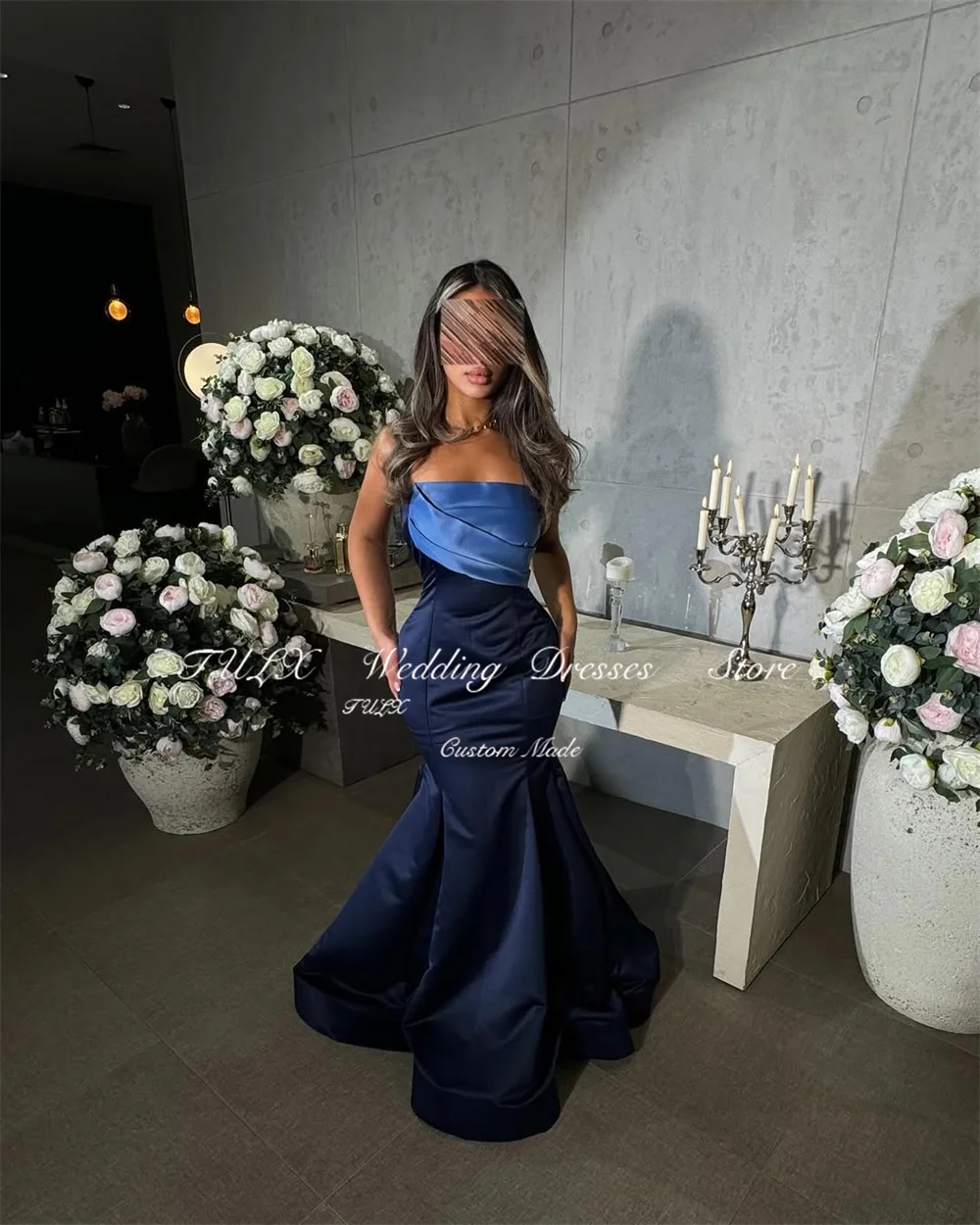 TULX Elegant Blue Mermaid Evening Dresses Strapless Satin Party Dress Women Floor Lengt Saudi Arabia Event Dresses Customized