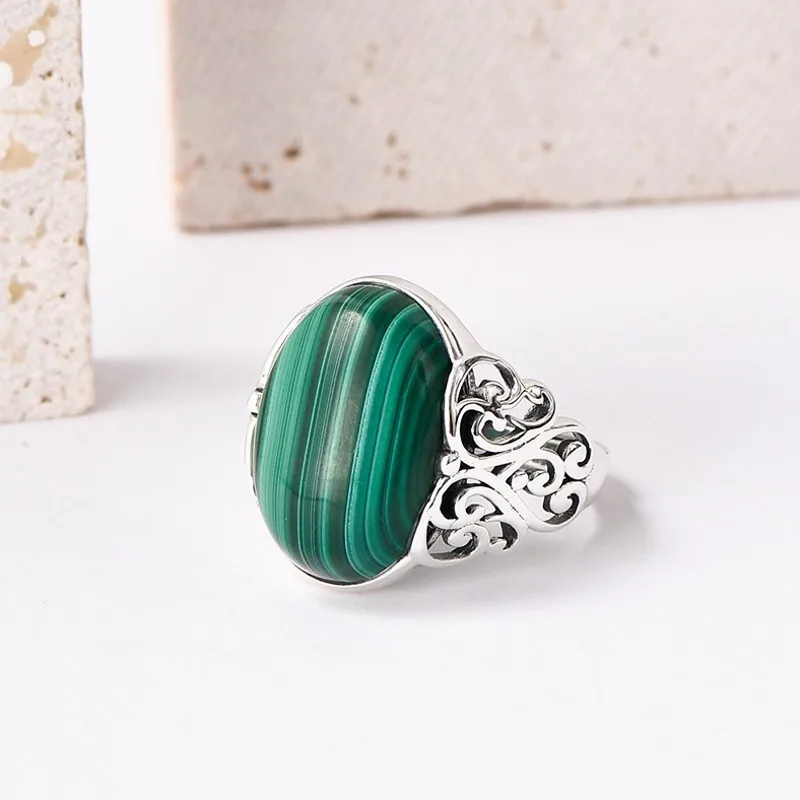 new-s925-sterling-silver-jewelry-retro-style-inlaid-with-peacock-stone-open-mouth-ring-for-women-niche-personality-egg-face