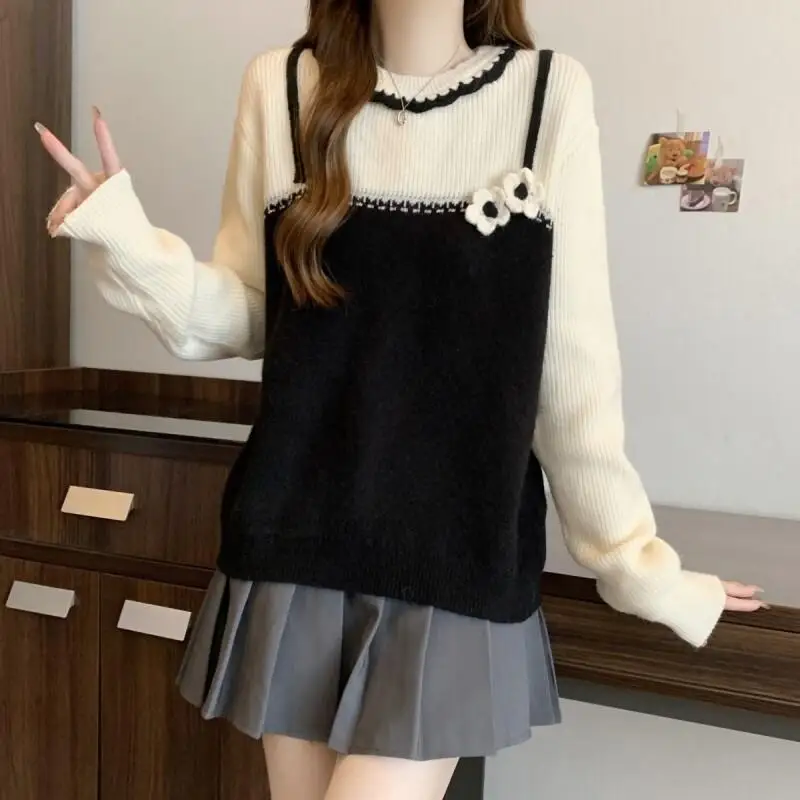 

Sweater Knitwear Women's Big Size Women Autumn New Design Color Block Sweater Fake Two Piece Knitwear Fashion 3D Flower