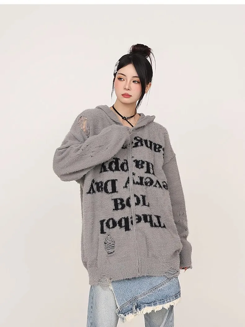 

American Style Letter Hole Knitted Sweater Women's Winter Loose Couple Clothes Zipper Open Cardigan Outerwear Autumn