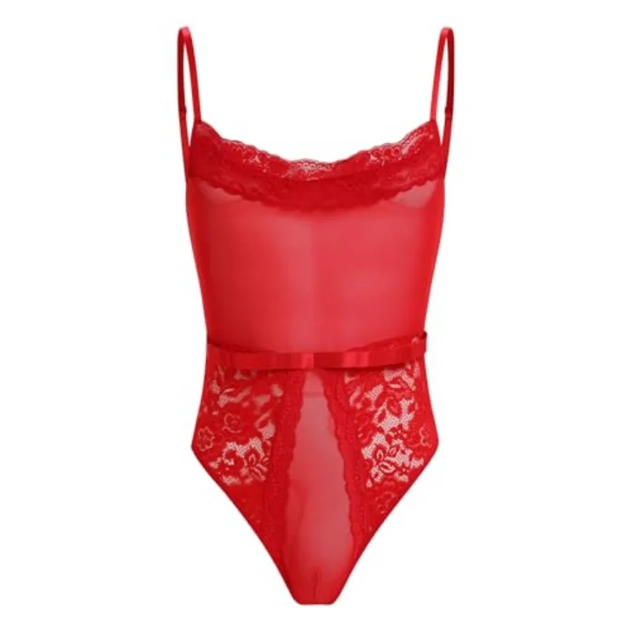 

ABAFIP Men's Sissy Lingerie Bodysuit Sheer Lace Mesh Spaghetti Strap Cami Leotard Crossdress Underwear