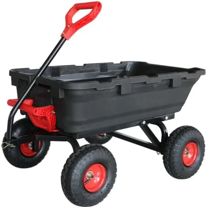 Garden Dump Cart, Poly Yard Dump Cart Wagon with 10-Inch Tires, 180° Rotating Handle, Heavy Duty Garden Carts and Wagons