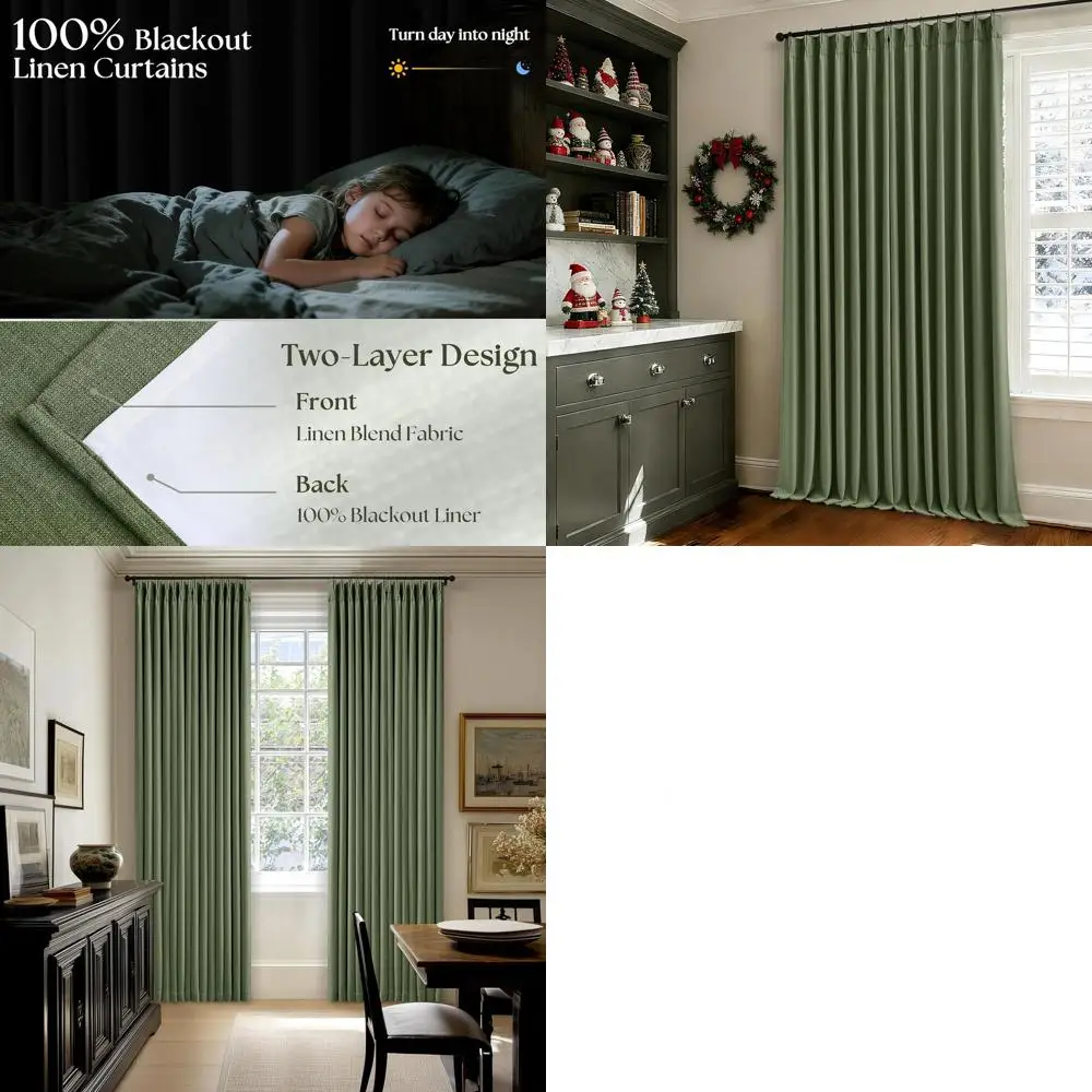 

Olive Green 90 Linen Blackout Curtains for Living Spaces - 100% Light Blocking, Double Layer, Thermal Insulated Pinch Pleat Drap