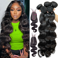 Body Wave Bundles With Closure Human Hair with 2x6 Lace Closure Hair Extension 3/4 Bundles With Closure for Women 3 Day Delivery