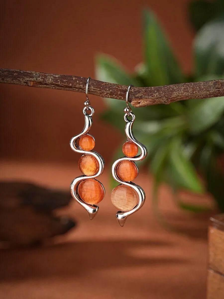 

Orange Stone Drop Earrings With Swirl Design For Women