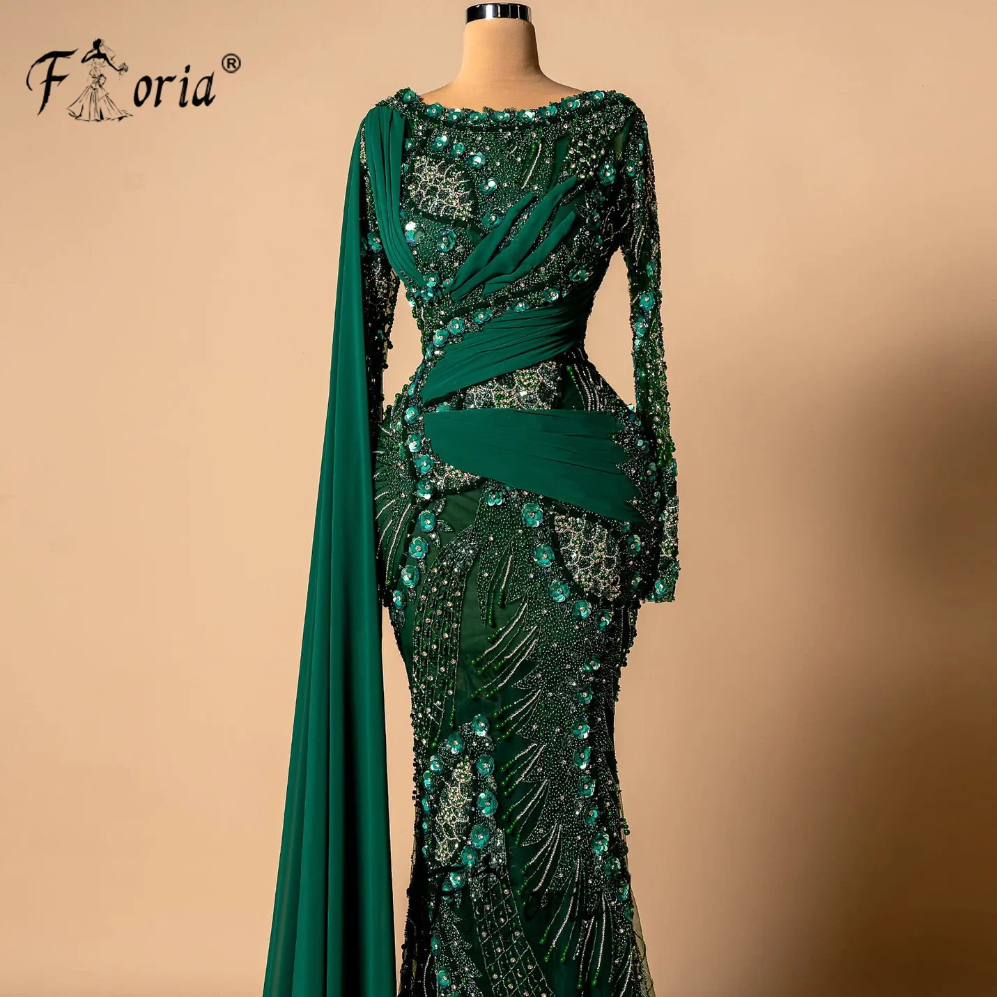 فستان سهرة فاخر مطرز باللون الأخضر الداكن بأكمام طويلة دبي ثلاثي الأبعاد مزين بالزهور حورية البحر مناسبة رسمية رداء السهرة فام #2