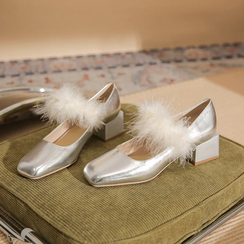 

Bloom Steps [sheepskin] Silver High Heels Women's 2025 New Square Head Mary Jane Shoes Thick Heel Mao Mao Single Shoes