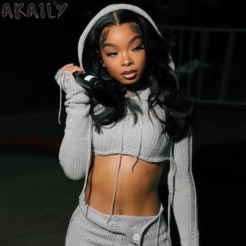 

Akaily Sexy Gray Hooded Knitted Crop Top Mini Skirt Set Party Club Outfit For Women2023 Autumn Winter Long Sleeve Two Piece Set