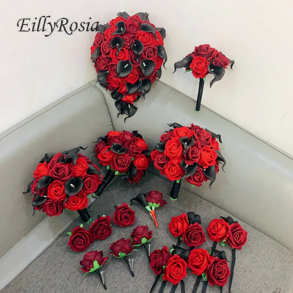 EillyRosia Black and Red Burgundy Wedding Flowers Accessories Set for Bride Bridesmaid Bouquet and Groom\'s Boutonnieres