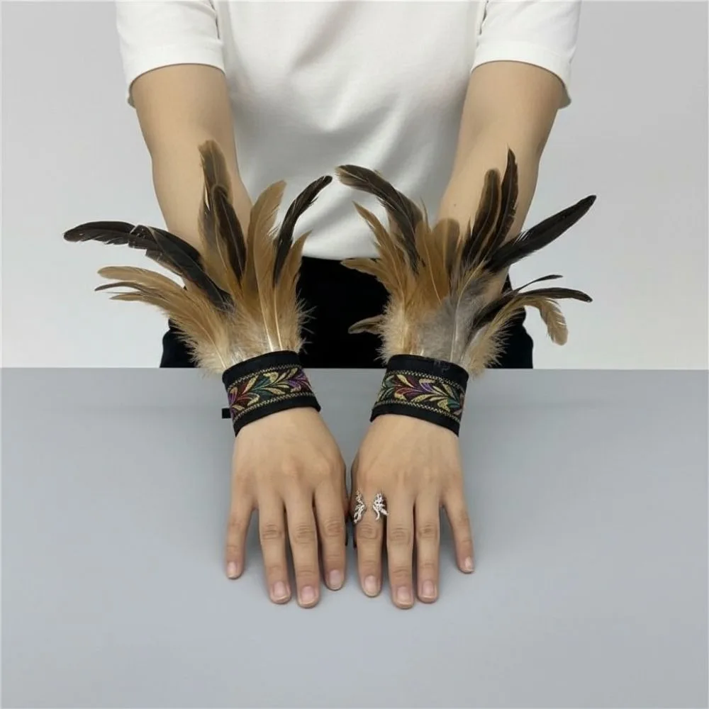 1 Piar Gothic Halloween Carnival Feather Wrist Cuff Embroidered Band Adjustable Straps Fluffy Feather Gloves Cuff Unisex