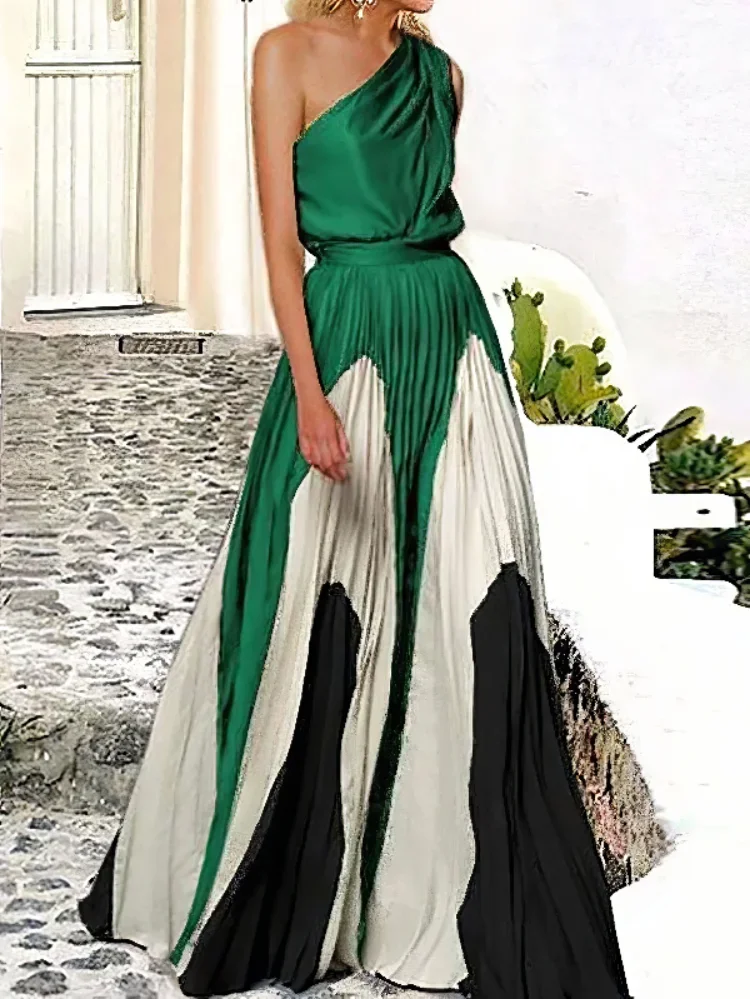 

Uoozee Women Fashion Printed Elegant Party Evening Dresses 2024 New Summer Sleeveless One-Shoulder Pleated A-Line Long Dress