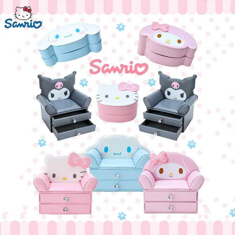 New Sanrio Hello Kitty Cinnamoroll Sofa Jewelry Box Earrings Ring Necklace Storage Double Drawer Storage Box Girl Birthday Gift