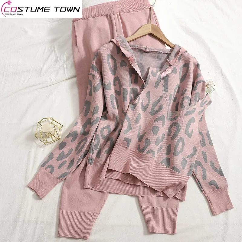 2023 Spring and Autumn Hooded Cardigan Contrast Leopard Coat Top+Harlan Pants Knitted Three Piece Set for Women