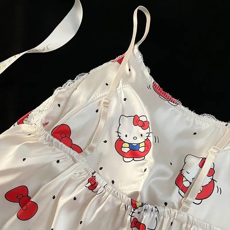 Nightgown Hello Kitty Female Ice Silk Suspender Sleeveless Cartoon Summer Silk with Breast Pad Pajamas Sexy Student Dormitory