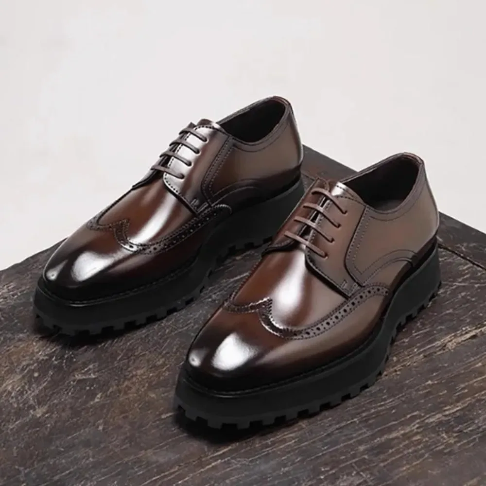 

2026 Men Leather Shoes Brogue Derby British Style Thick Sole Formal Business Oxfords