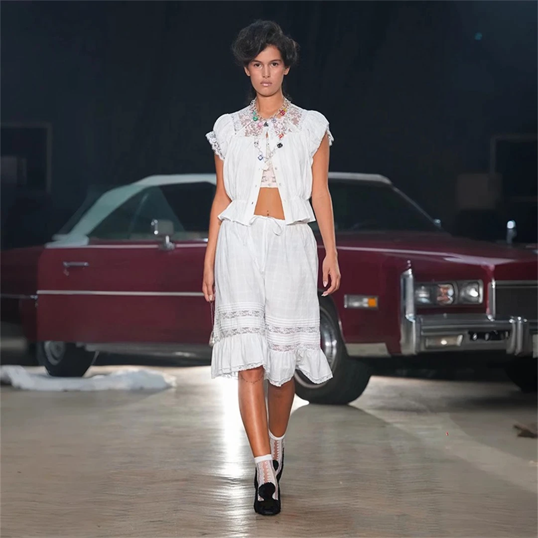 

White Lace Drawstring Casual Pants French Style Elastic Waist Cotton Wide Leg Pants Breathable Skin-Friendly Spring 2026