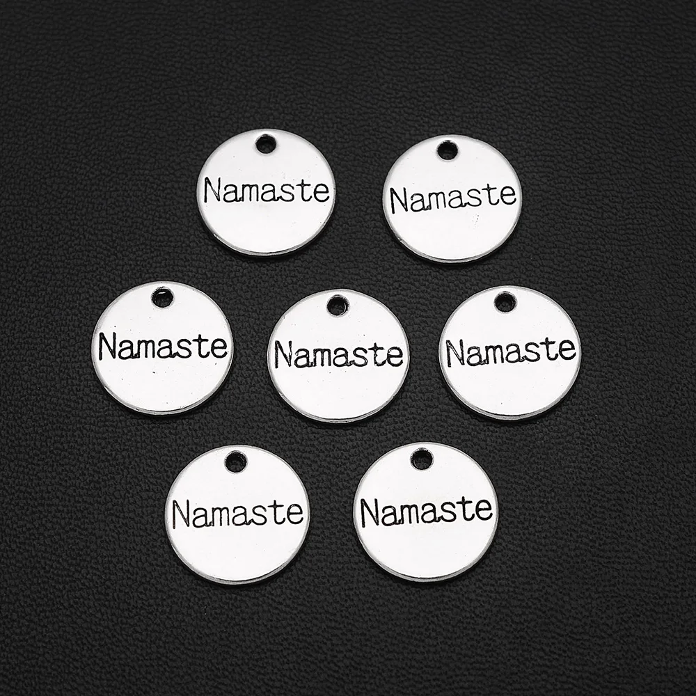 20pcs/Lot 14mm Antique Silver Plated Yoga Namaste Charms Pendants For DIY Keychain Necklace Jewelry Making Supplies Accessories