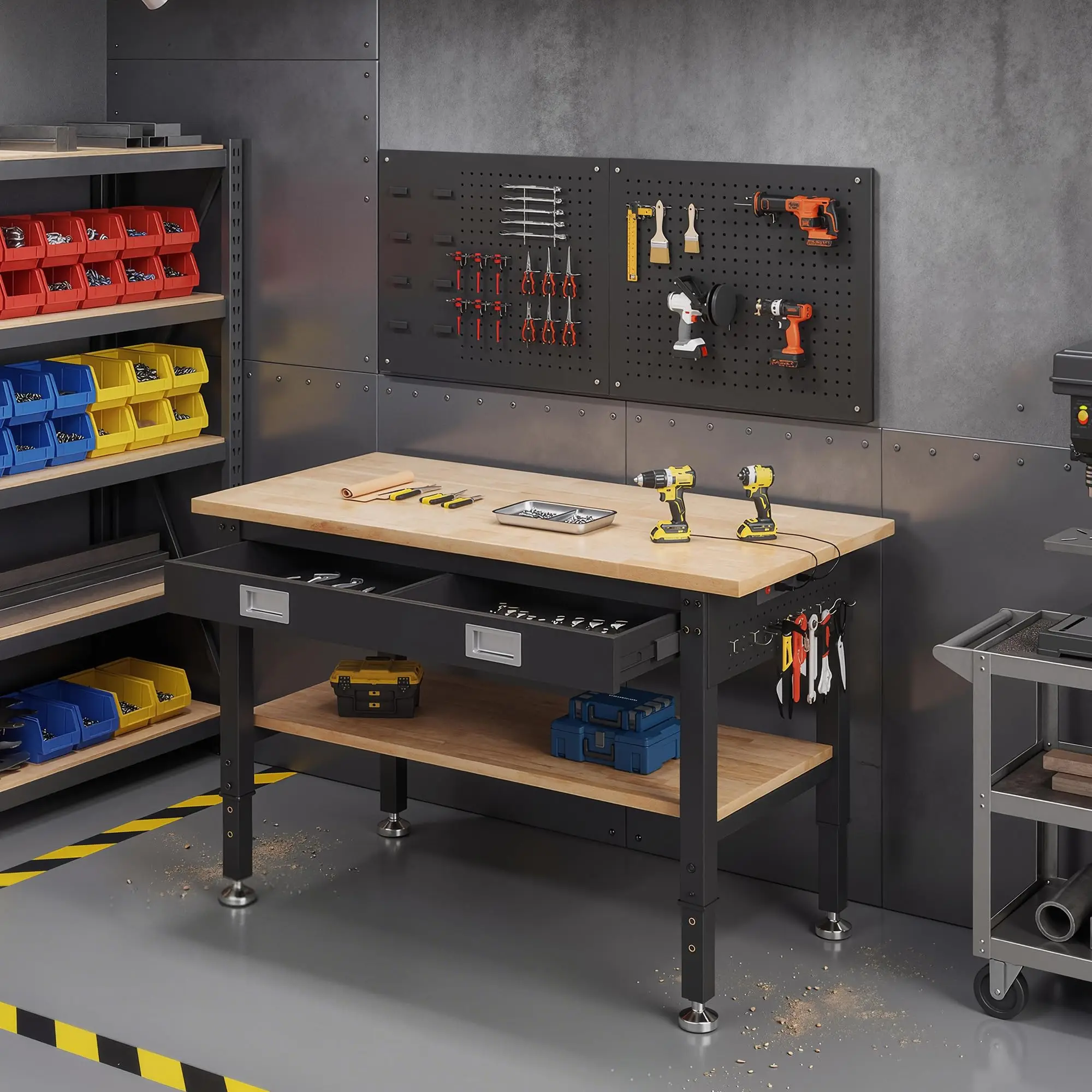 48-Inch 2-Tier Workbench with Drawer and Pegboard