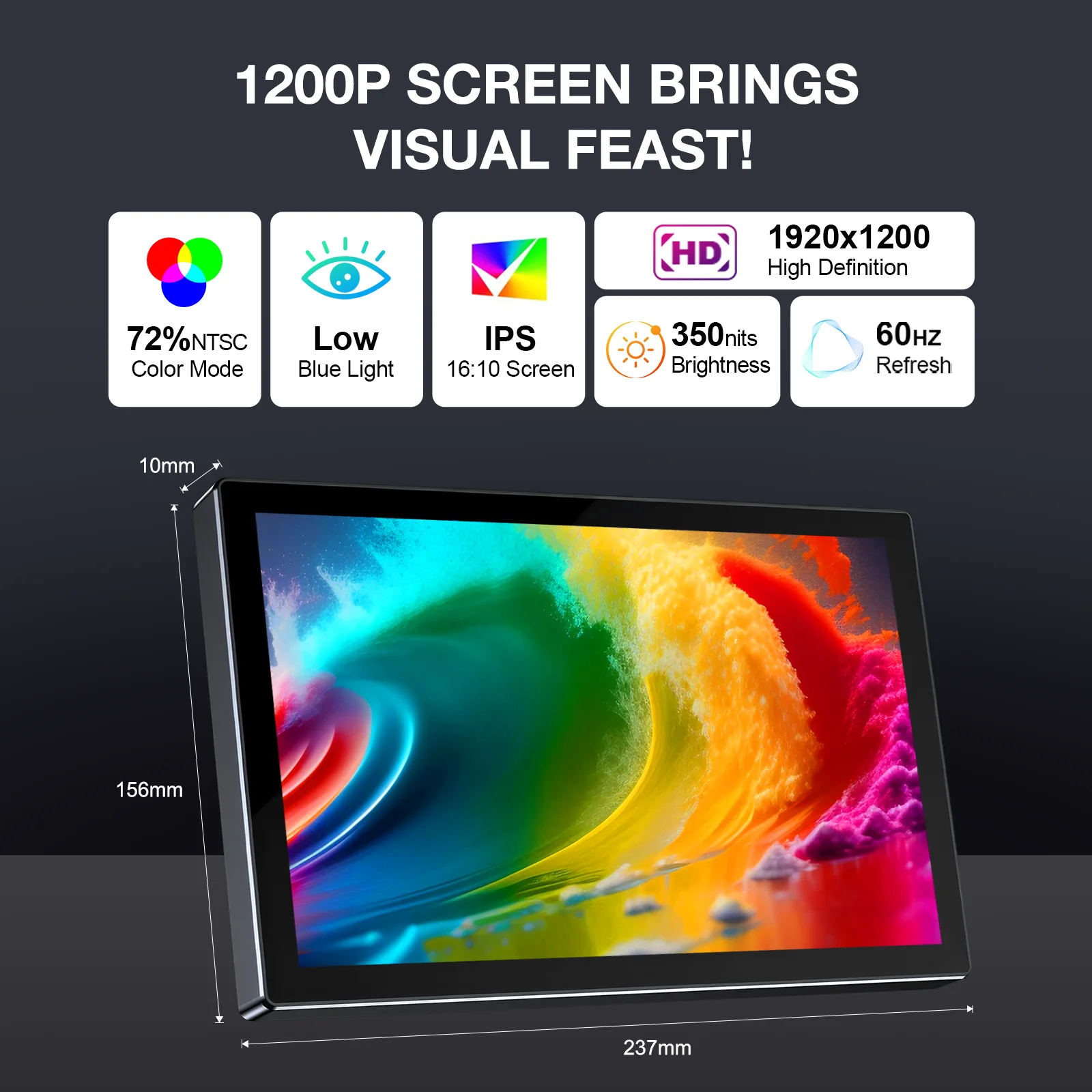 10.1 Inch 1920×1200 Portable Monitor IPS 72% NTSC Dual Speaker Extend Screen for Laptop Switch PS5 Office Gaming