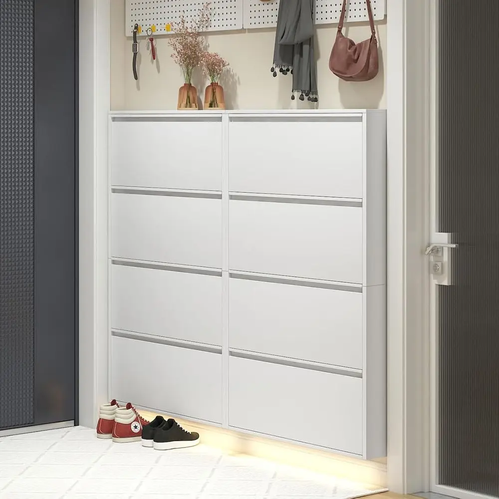 

4-Door Metal Shoe Storage Cabinet for Entryway, Slim Wall-Mounted, Suitable for Living Room and Hallway, White