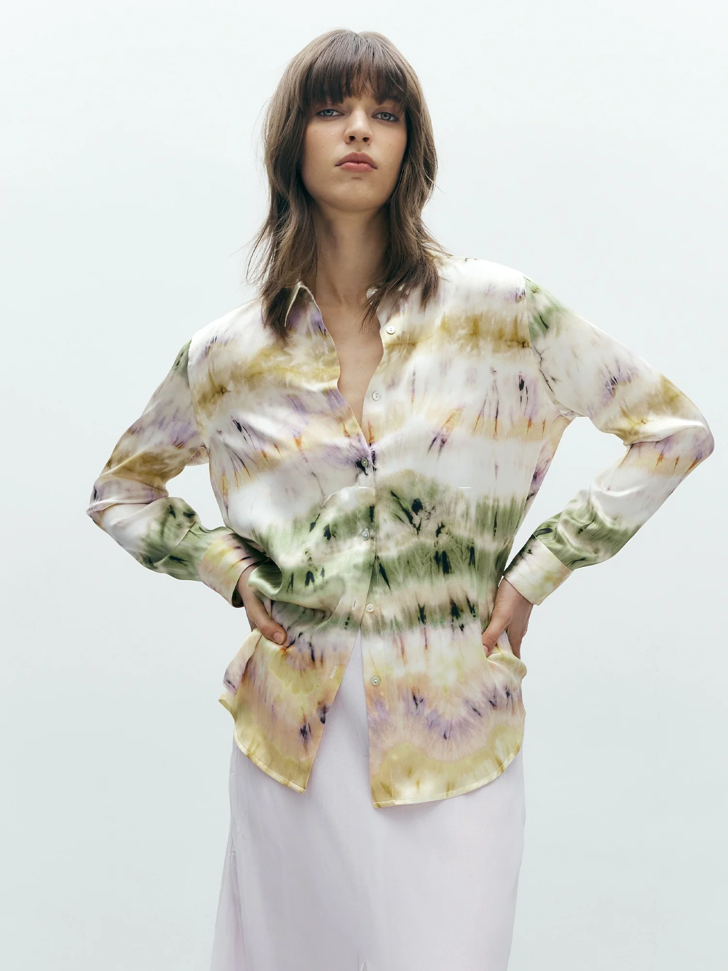 

Женская свободная шелковая блузка с длинным рукавом и воротником, с винтажным принтом, в стиле OL, с оригинальным дизайном.