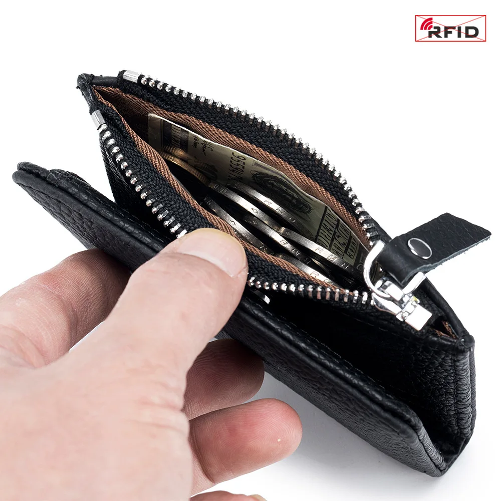 Fashion RFID Protection Genuine Leather Unisex Zipper Bag Multi-function Position Coin Purse Casual Durable Short Women\'s Wallet