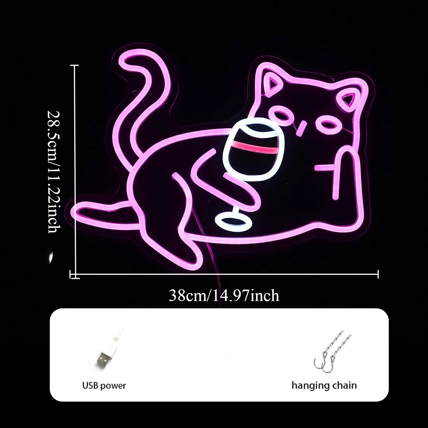 Cat Wine Glasses Neon Sign LED Light Pink Cat for Wall Decor Night Light USB Powered for Bar Living Room Cat Cafe Cat Lover Gift