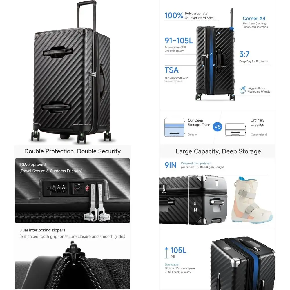 

Расширяемый чемодан для ПК с твердым корпусом, большой 28-дюймовый чемодан с замком TSA, амортизирующие колеса, черный, вместимость 91 л — идеально подходит для