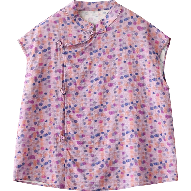 

Новый китайский хлопковый льняной топ с цветочным принтом, женский летний топ с асимметричным подолом на пуговицах и высокой талией, маленький утюг