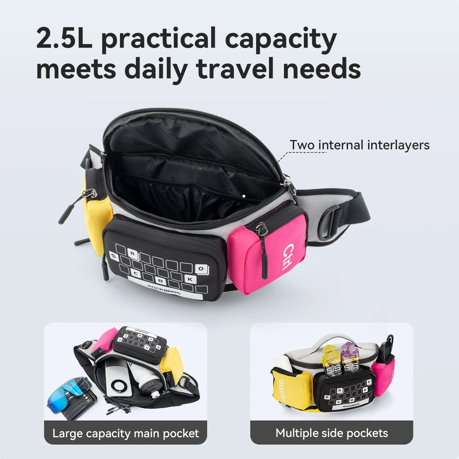 ROCKBROS Sports Waist Bag Lightweight Portable 2.5L Capacity Fitness Waist Bag Pack Daily Commute Outdoor Sports Cycling Gym Bag