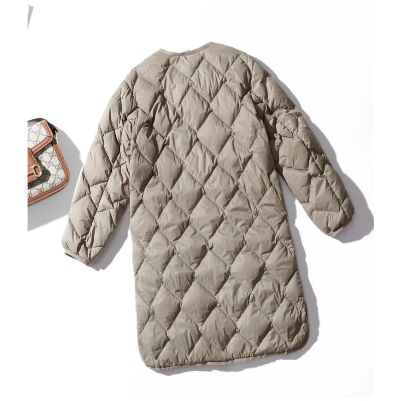 Women Autumn Winter Outerwear Ultralight White Duck Down Long Jacket Argyle V-neck Collar Casual Coat New European Fashion