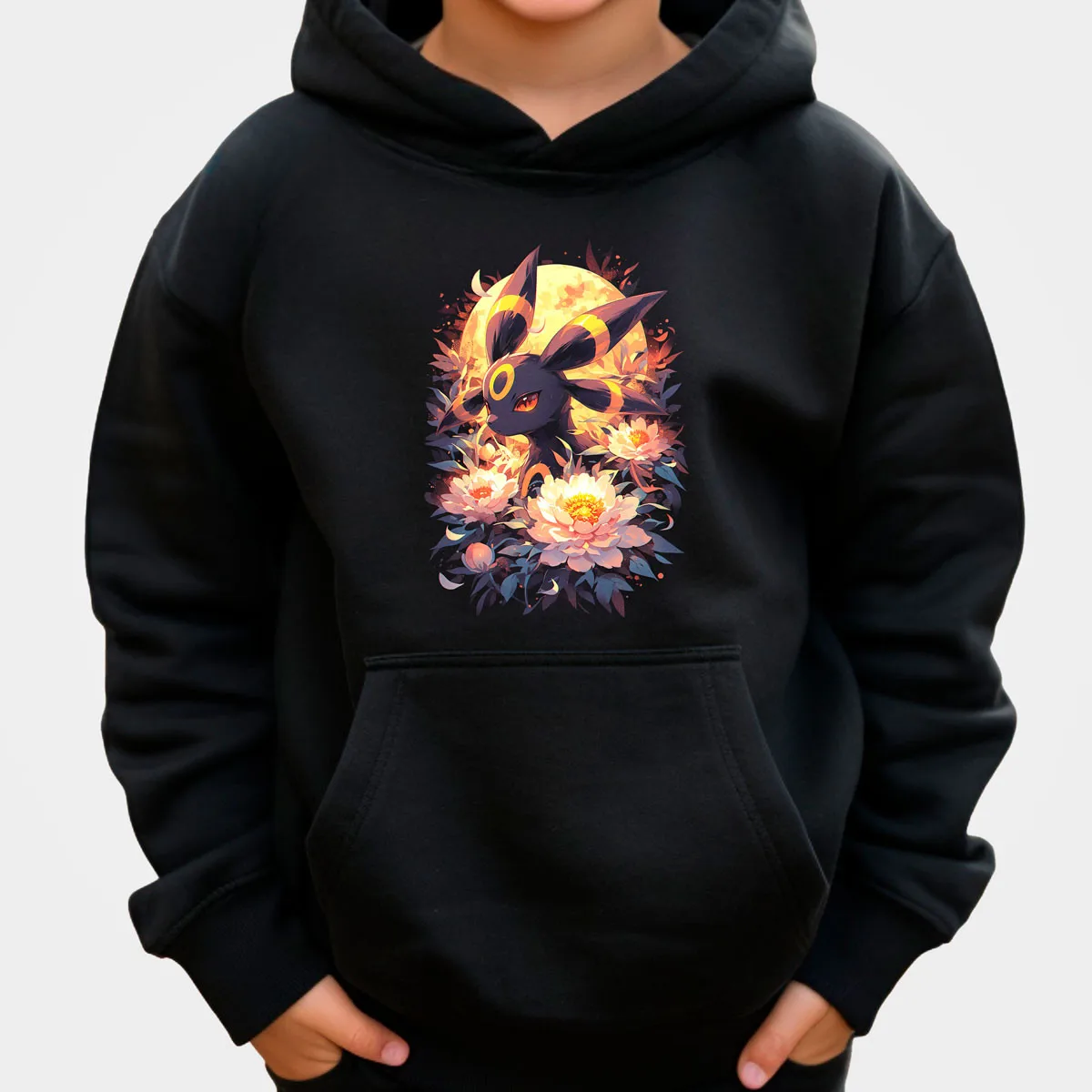 البوكيمون أنيمي Umbreon القطن هوديي اللون الأسود مع كامل القمر الخراب خلفية الأزرق نغمات نمط فضفاضة تناسب الخريف الشتاء الدفء #4