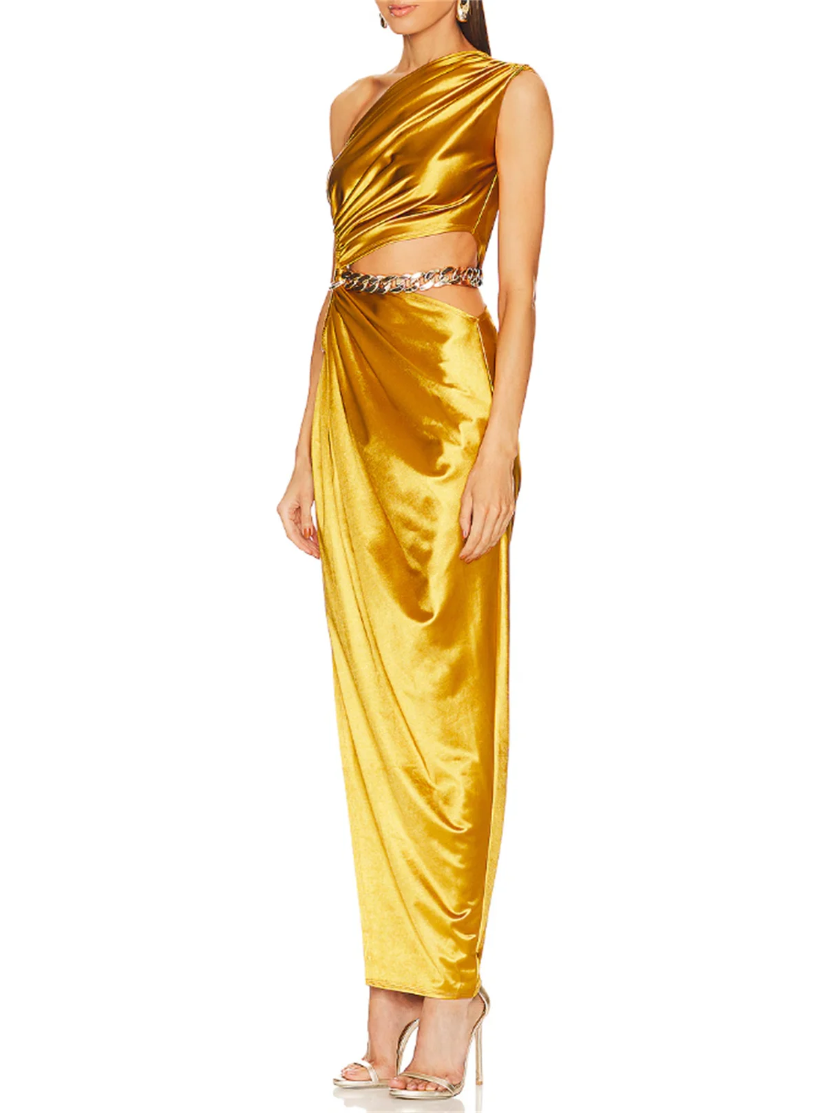 Luxury Gold One Shoulder Prom Dress Sleeveless Satin Evening Dress Sexy Waistless Asymmetrical Skirt Special Occasion 2024Custom