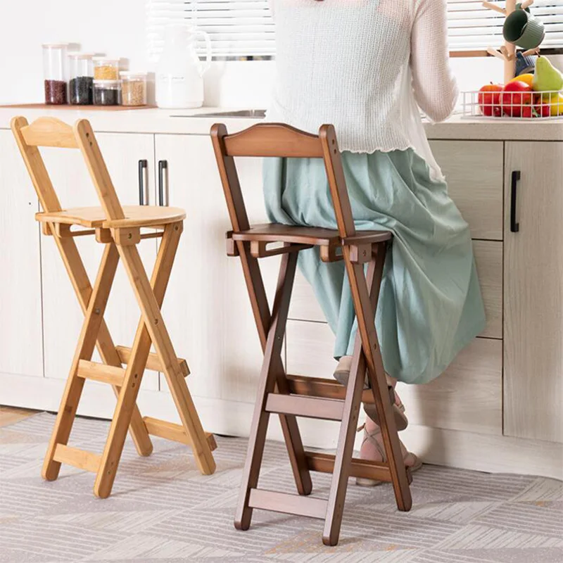 Household Simple Bar Chair Foldable Backrest Bar Stool Restaurant Bar Stool Living Room Solid Wood Kitchen High Stool Chair