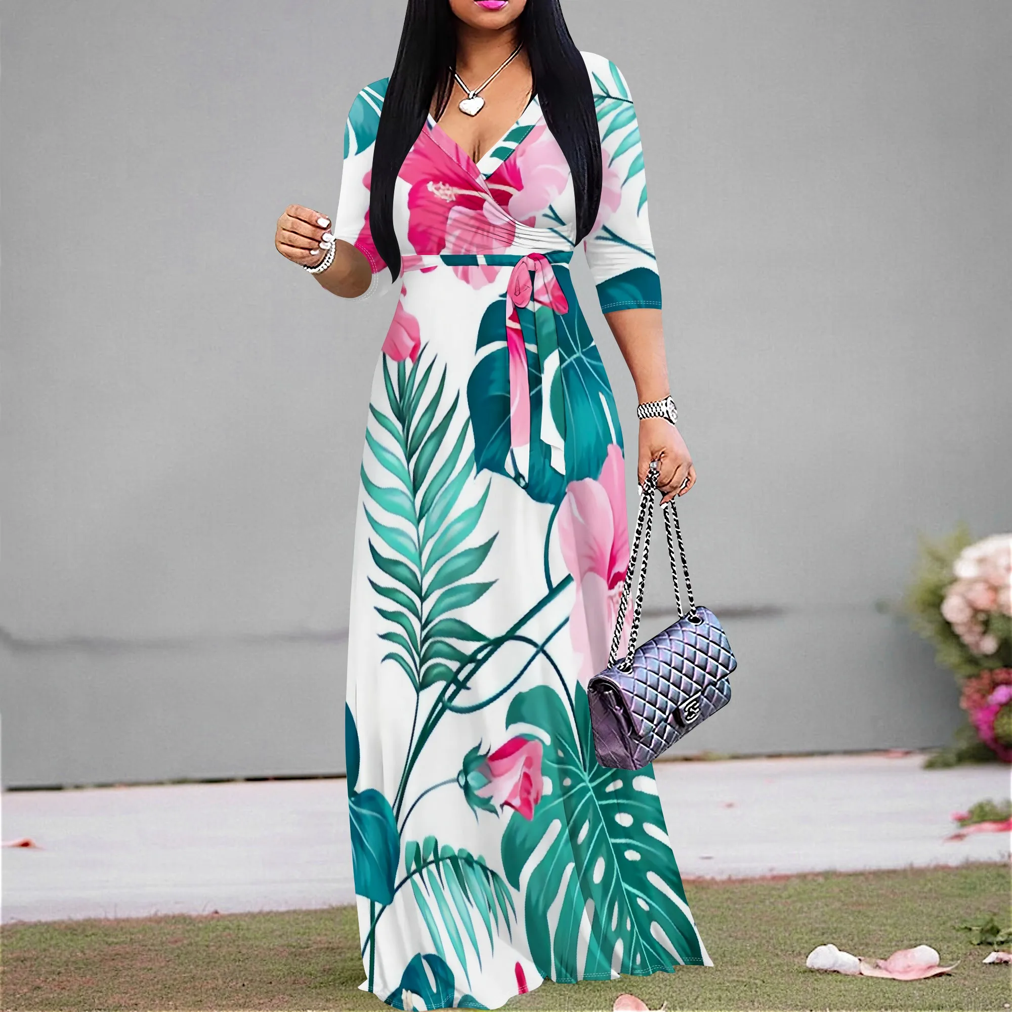 Womens Tropical Plant Flowers Patterns Casual Maxi Dresses Wrap V-Neck 3/4 Sleeve Sexy Floral Ruched Long Dress with Belt