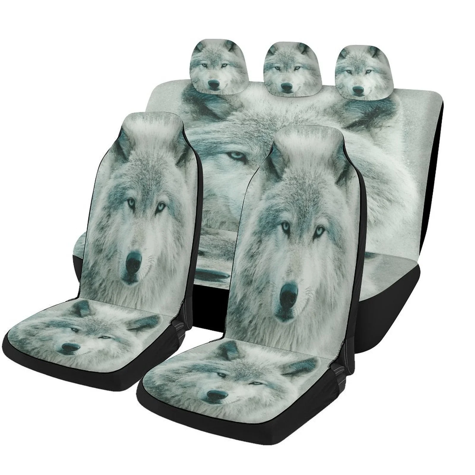 Arctic Wolf Portrait Car Seat Cover Set - High-Quality, Trendy Novelty Design For 2 Front & Rear Seats, Machine Washable, All-Se