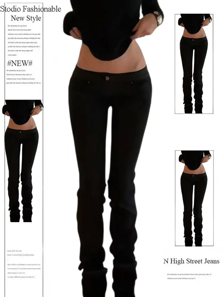 

Женские джинсы с низкой посадкой в американском ретро-стиле, черные, Y2K, в стиле 2000-х, Harajuku, узкие, стрейч, из денима