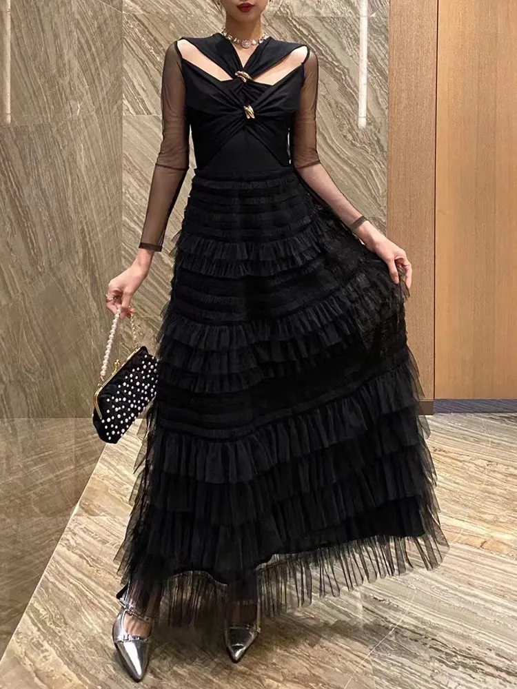 TWOTWINSTYLE Patchwork Mesh Dresses For Women V Neck Long Sleeve High Waist Hollow Out Solid A Line Elegant Dress Female Fashion