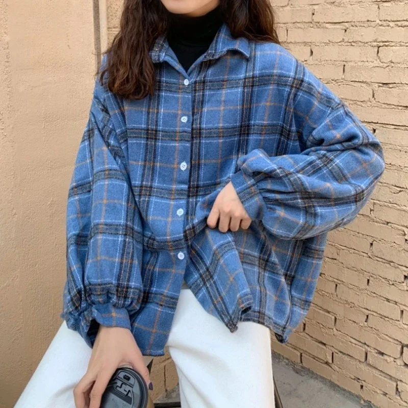 Pink Plaid Shirts Women Kawaii Girls Autumn Y2k Long Sleeve Shirt Classic Retro All-match Fashion Students Loose Chic Streetwear