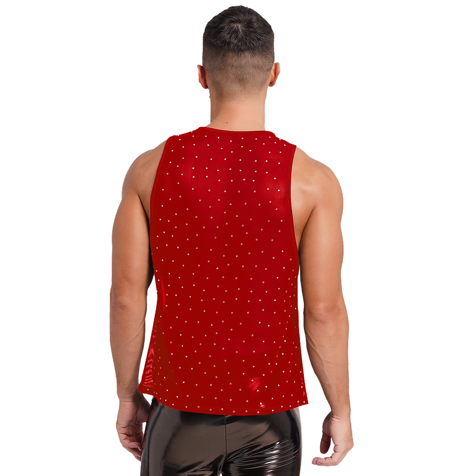 Sexy masculino ver através de malha regata, gola redonda, strass pura colete, tops para mostrar, músculo, fitness, festa rave, clubwear, colete