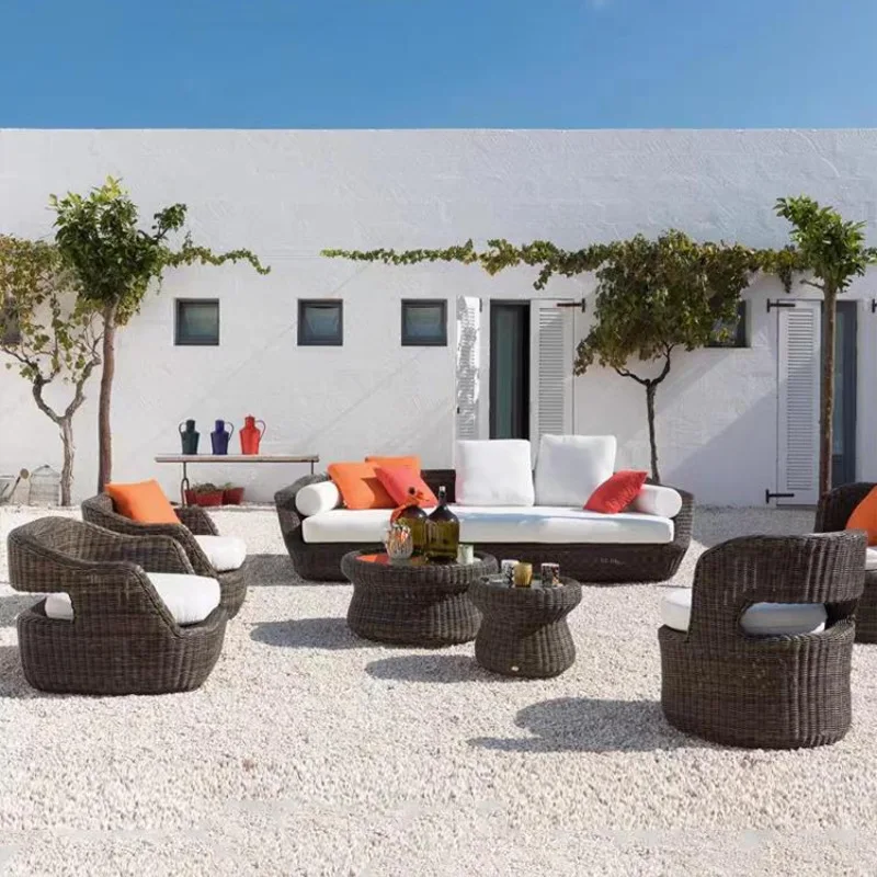 #￥Outdoor rattan furniture balcony villa courtyard garden open-air rattan chair homestay outdoor leisure combination rattan chai