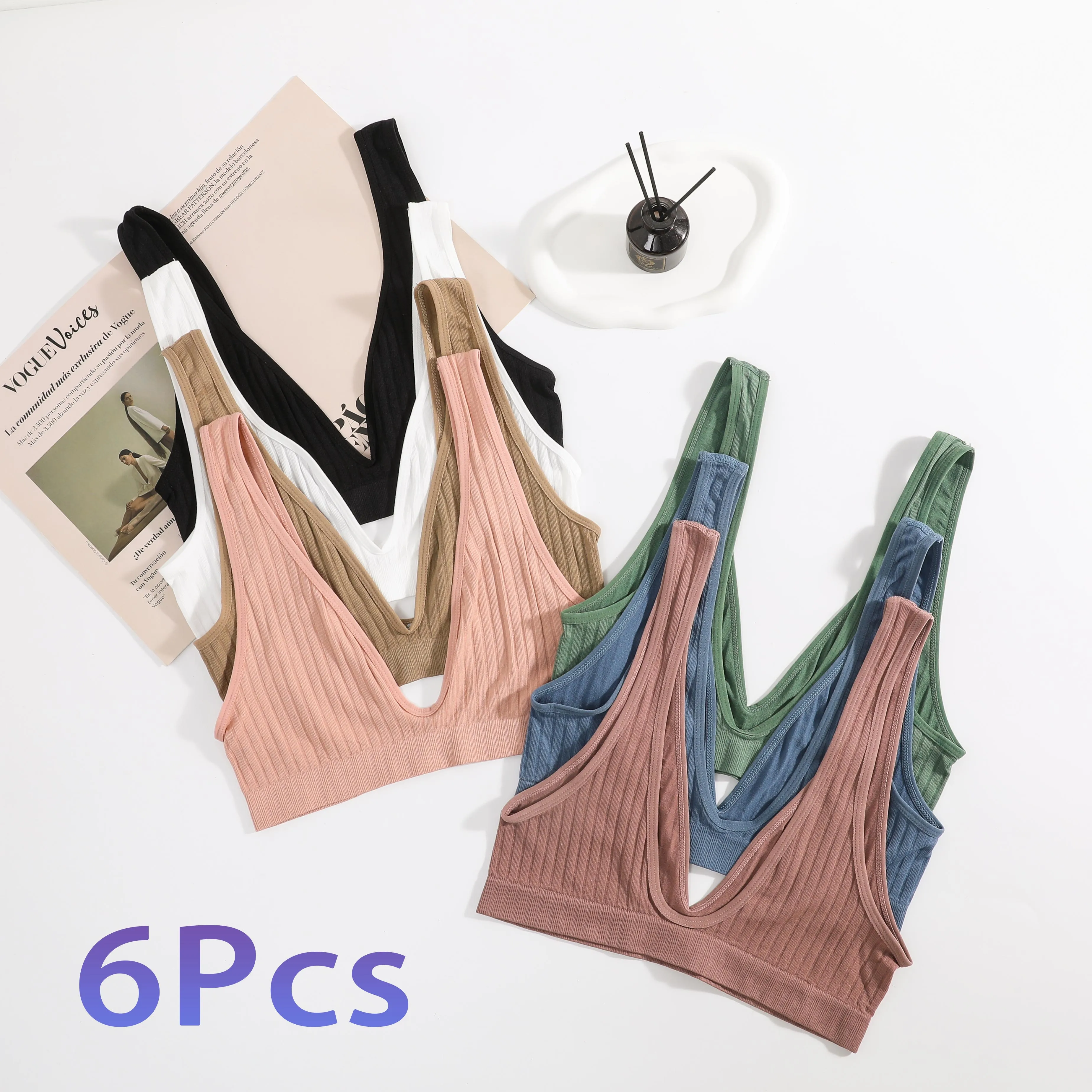 

6Pcs/Set Deep V-neck Seamless Bra Push Up Bras For Women Bralette Sexy Lingerie Female Low Back Sleep Underwear Unlined Crop Top